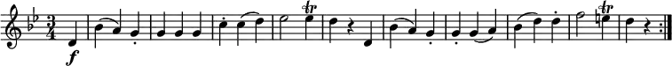  { \relative d' { \key g \minor \time 3/4
\partial 4 d4 \f | bes'4( a) g-. | g4 g g | c4-. c( d) | es2 es4 \trill | d4 r d, |
bes'4( a) g-. | g4-. g( a) | bes4( d) d-. | f2 e4 \trill | d4 r \bar ":|." }} 