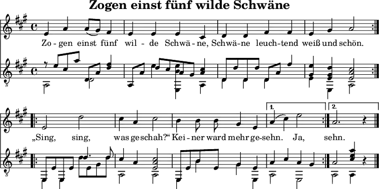 
% https://www.liederlexikon.de/lieder/zogen_einst_fuenf_wilde_schwaene/editionb
% Der Liederschrein. Hundertundzehn deutsche, litauische und masurische Volkslieder aus Ostpreußen mit Lautensatz von Heinrich Scherrer und Buchschmuck von Robert Budzinski herausgegeben von Karl Plenzat. Leipzig: Friedrich Hofmeister 1918, S. 99.
\language "deutsch"
\header { tagline = ##f title = "Zogen einst fünf wilde Schwäne" }
\layout { indent = 0
  \context { \Score \remove "Bar_number_engraver" }
  \context { \Voice \remove "Dynamic_engraver" }
}

global = { \key a \major \time 4/4 }

sopranoVoice = \relative c' { \global \autoBeamOff \set midiInstrument = "flute"
  \repeat volta 2 { e a a8 ([gis]) fis4 | e e e cis | d d fis fis | e gis a2 | }
  \repeat volta 2 { e2 d' | cis4 a cis2 | h4 h8 h8 gis4 e | } \alternative { { a4 (cis) e2 } { a,2. r4 } } \bar "|."
}

verse = \new Lyrics \lyricmode {
  Zo -- gen einst fünf wil -- de Schwä -- ne,
  Schwä -- ne leuch -- tend weiß und schön.
  \repeat volta 2 { „Sing, sing, was ge -- schah?“
  Kei -- ner ward mehr ge -- } \alternative { { sehn. Ja, } { sehn. } }
}

upper = \relative c' { \global \set midiInstrument = "acoustic guitar (nylon)"
  \repeat volta 2 { r8 e\p cis a' d,, a' <fis' d>4 | a,,8 [a'] d [cis a gis] <cis a>4 |
  d,8 d' d, d' d, a' fis'4 | <e gis,> <d gis, e> <cis a e>2 | }
  \repeat volta 2{ e,,8 e' e, e' d'4. d8 | cis4 a <cis a e>2 | e,,8 e'\f h' e, gis4\p e | }
    \alternative { { a cis a gis } { a2 <a' e cis>4 r4 } } \bar "|."
}

lower = \relative c' { \global \set midiInstrument = "acoustic guitar (nylon)"
  \repeat volta 2 { a,2\p d | s4 e' <e h e,,> a,,4 | d d d s4 | e e, a2 | }
  \repeat volta 2 { e4 e d''8 e,\f gis d' | a,2\p a | e4 h'' gis e, | } \alternative { { a2 e } { a2 a4 r4 } } \bar "|."
}

\score {
  <<
    \new Staff
    \sopranoVoice \addlyrics { \verse }
    \new Staff \with { \consists "Merge_rests_engraver" }
      { \clef "treble_8" << \upper \\ \lower >> }
  >>
  \layout { }
}
\score { \unfoldRepeats << \sopranoVoice \\ \upper \\ \lower >>
  \midi { \tempo 4=112
    \context { \Score midiChannelMapping = #'instrument }
    \context { \Staff \remove "Staff_performer" }
    \context { \Voice \consists "Staff_performer" }
  }
}
