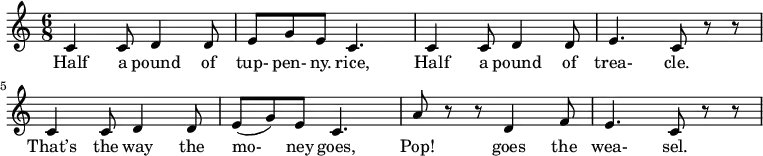\relative c'{
\time 6/8
c4 c8 d4 d8 e8 g8 e8 c4. c4 c8 d4 d8 e4. c8 r8 r8 c4 c8 d4 d8 e8 (g8) e8 c4. a'8 r8 r8 d,4 f8 e4. c8 r8 r8
}
\addlyrics {
Half4 a8 pound4 of8 | tup- pen- ny. rice,4.
Half4 a8 pound4 of8 trea-4. cle.8
That’s4 the8 way4 the8 mo-8 ney8 goes,4.
Pop!4 goes4 the8 wea- sel.4.
}