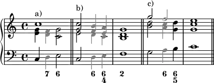 
\version "2.14.2"

\header {tagline = ##f}

upper = \relative c'' {
  \clef treble
  \key c \major
  \time 4/4
  \tempo 4 = 100

      <<
         {
           \voiceOne
           c1^"a)" \bar "||" <g c>2^"b)" <\tweak NoteHead.color #grey \tweak Stem.color #grey f \tweak NoteHead.color #grey b>4 <\tweak NoteHead.color #grey \tweak Stem.color #grey e \tweak NoteHead.color #grey a> <d g>1 \bar "||" <g'>2^"c)" <\tweak NoteHead.color #grey \tweak Stem.color #grey f> e1 \bar "||" }
           \new Voice {
           \voiceTwo
           <e, g>4 <\tweak NoteHead.color #grey \tweak Stem.color #grey d \tweak NoteHead.color #grey f> <c g'>2 \bar "||" e2 \tweak NoteHead.color #grey \tweak Stem.color #grey d4 \tweak NoteHead.color #grey \tweak Stem.color #grey c b1 \bar "||" < b' d>2 < \tweak NoteHead.color #grey \tweak Stem.color #grey a4 \tweak NoteHead.color #grey \tweak Stem.color #grey c> <g d'> <g c>1 \bar "||" }
      >>
}

lower = \relative c {
  \clef bass

         { c4 \tweak NoteHead.color #grey \tweak Stem.color #grey d e2 \bar "||" c2 \tweak NoteHead.color #grey \tweak Stem.color #grey d4 \tweak NoteHead.color #grey \tweak Stem.color #grey e f1 \bar "||" g2 \tweak NoteHead.color #grey \tweak Stem.color #grey a4 b c1 \bar "||" }
}

\score {
  \new PianoStaff <<
    \new Staff = "upper" \upper
    \new Staff = "lower" \lower
    \new FiguredBass {\figuremode
    { r4 <7>4 <6>2 r2 <6>4 <6 4> <2>1 <_>2 <6>4 <6 5>}
  }
  >>
  \layout {
    \context {
      \Score
      \remove "Metronome_mark_engraver"
    }
  }
  \midi { }
}
