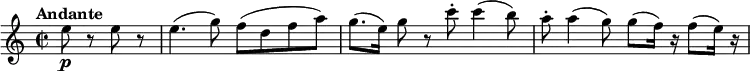 \relative c'' {
\key c \major
\time 2/2
\set Staff.midiInstrument = "string ensemble 2"
\tempo "Andante"
\partial 2 e8\p r8 e8 r8 |
e4. (g8) f8 (d8 f8 a8) |
[g8. (e16)] g8 r8 c8-. c4 (b8) |
a8-. a4 (g8) g8 (f16) r16 f8 (e16) r16
}