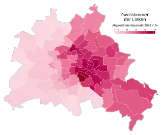 Die Linke Höchstwerte: 25,7 % (Neukölln 2) Tiefstwerte: 3,3 % (Spandau 5)