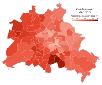 Sozialdemokratische Partei Deutschlands ﻿Höchstwerte: 27,5 % (Neukölln 4) ﻿Tiefstwerte:12,7 % (Friedrichshain-Kreuzberg 2)