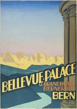 Werbeplakat des Grafikers Emil Cardinaux mit der Kulisse der Aare und dem Panorama des Berner Oberlandes im Hintergrund, das Hotel Bellevue Palace seitlich im Vordergrund