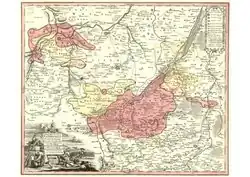 Alte Landkarte. Zum Bistum gehörten im Nordwesten ein Territorium um Naumburg und im Südwesten ein Territorium um Zeitz.